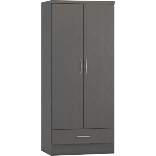 Seconique Nevada 2 Door 1 Drawer Wardrobe in 3D Effect Grey Hanging Rail Storage