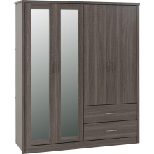Lisbon 4 Door Mirrored Wardrobe 2 Drawers in Black Wood Grain Finish