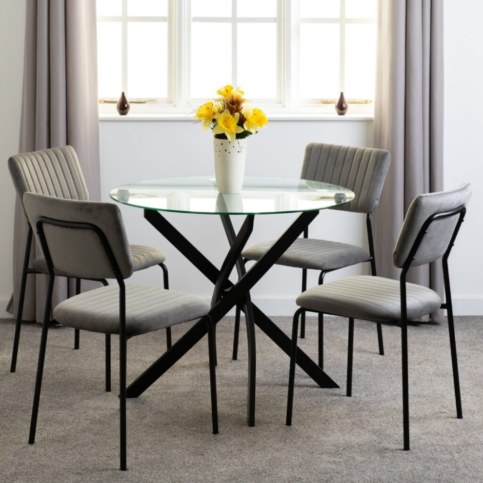 Sheldon Round Clear Glass Top Dining Set with 4 Grey Velvet Fabric Chairs
