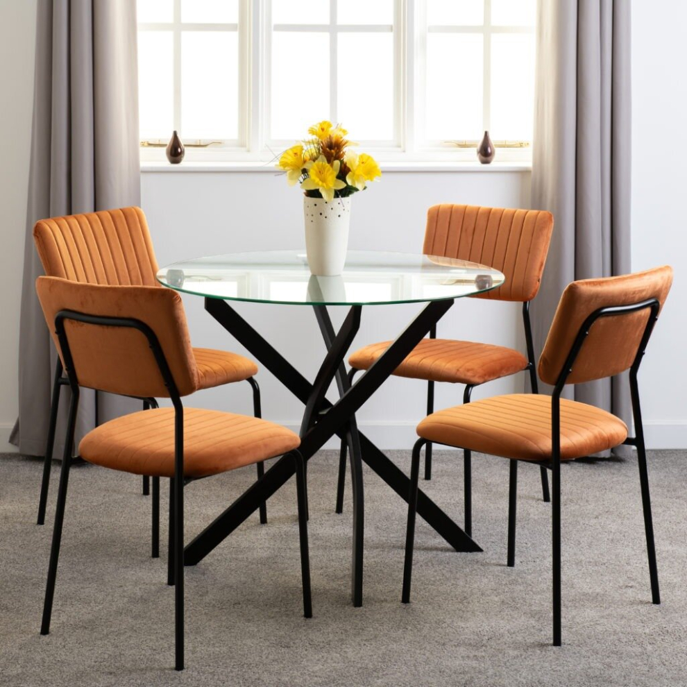 Sheldon Round Clear Glass Top Dining Set with 4 Orange Fabric Chairs