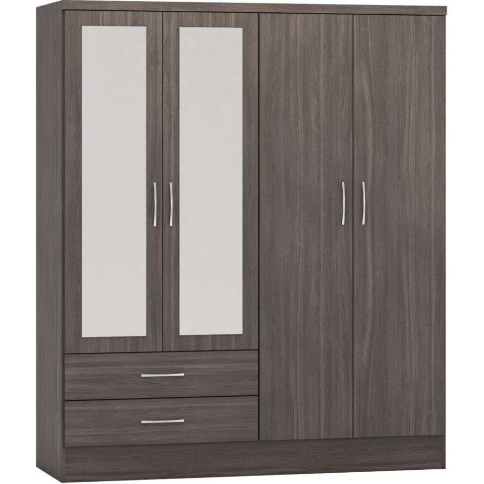 Seconique Nevada 4 Door 2 Drawer Mirrored Wardrobe In Wood Grain Effect Finish Black