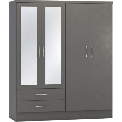 Seconique Nevada 4 Door 2 Drawer Mirrored Wardrobe in 3D Effect Grey Finish 1