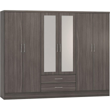 Nevada 6-Door 2-Drawer Mirrored Wardrobe, Black Grain Effect Finish with Hanging Rail