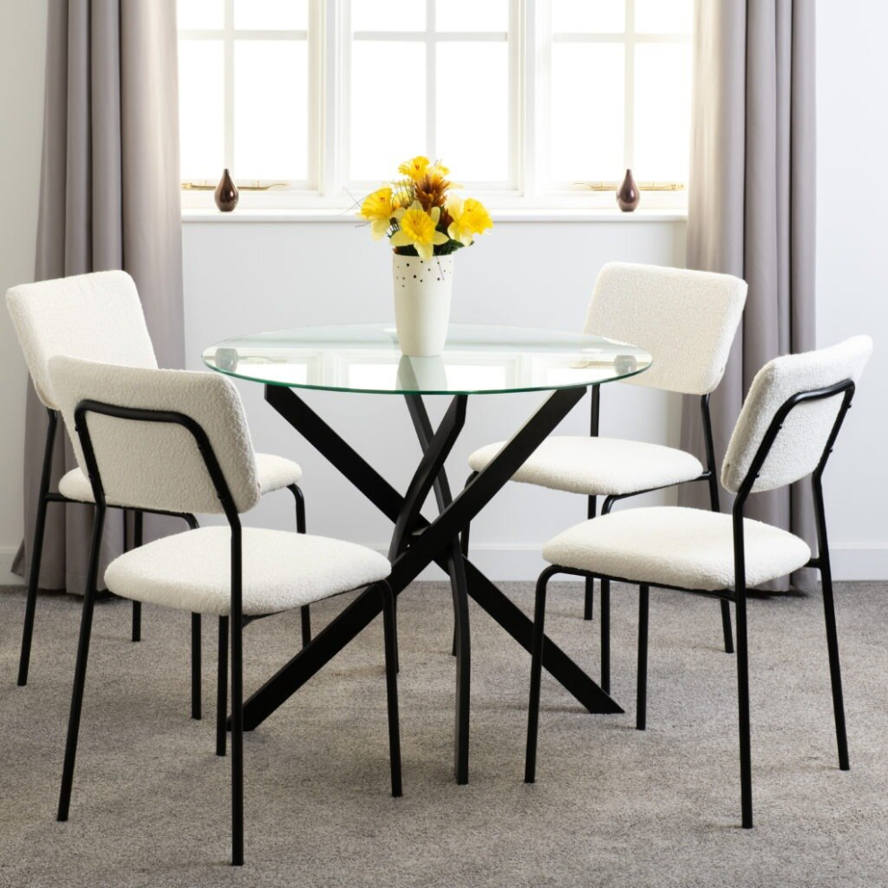 Sheldon Round Clear Glass Top Dining Set with 4 Ivory Boucle Fabric Chairs