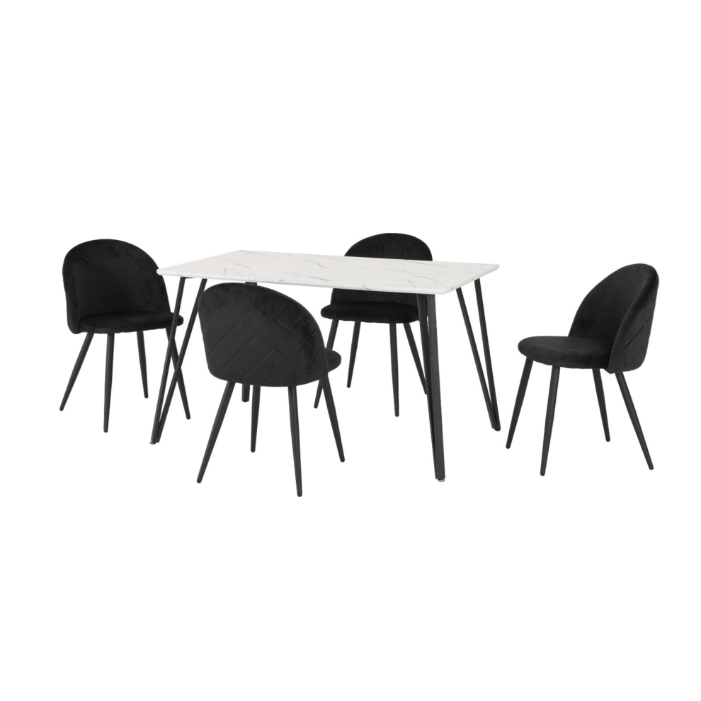 Marlow Dining Set White Marble Effect 4 Black Velvet Chairs