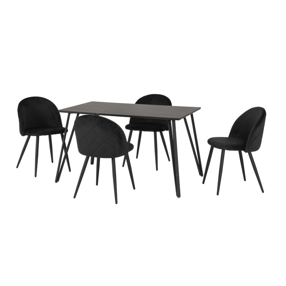 Seconique Marlow Dining Set Marble Effect 4 Velvet Chairs Black