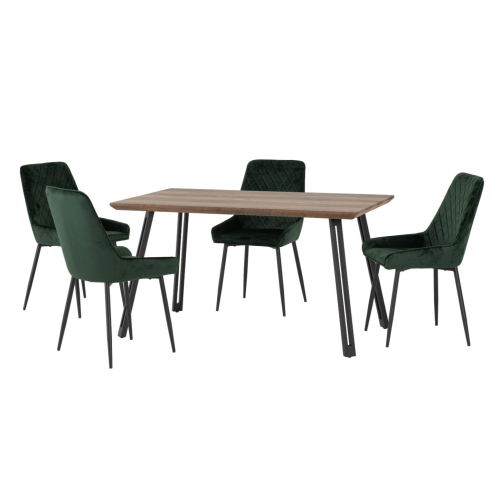 Seconique Quebec Straight Edge Dining Set Medium Oak Effect with Green Velvet Chairs