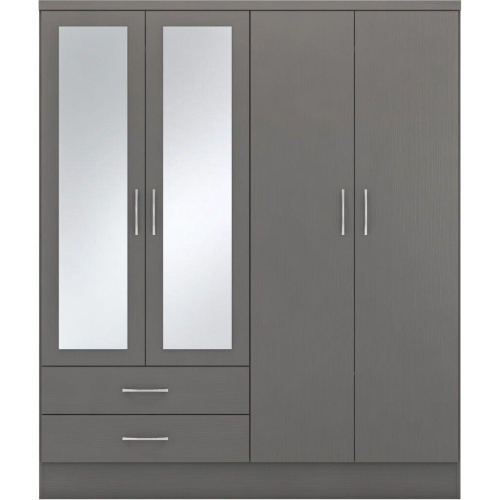 Seconique Nevada 4 Door 2 Drawer Mirrored Wardrobe in 3D Effect Grey Finish