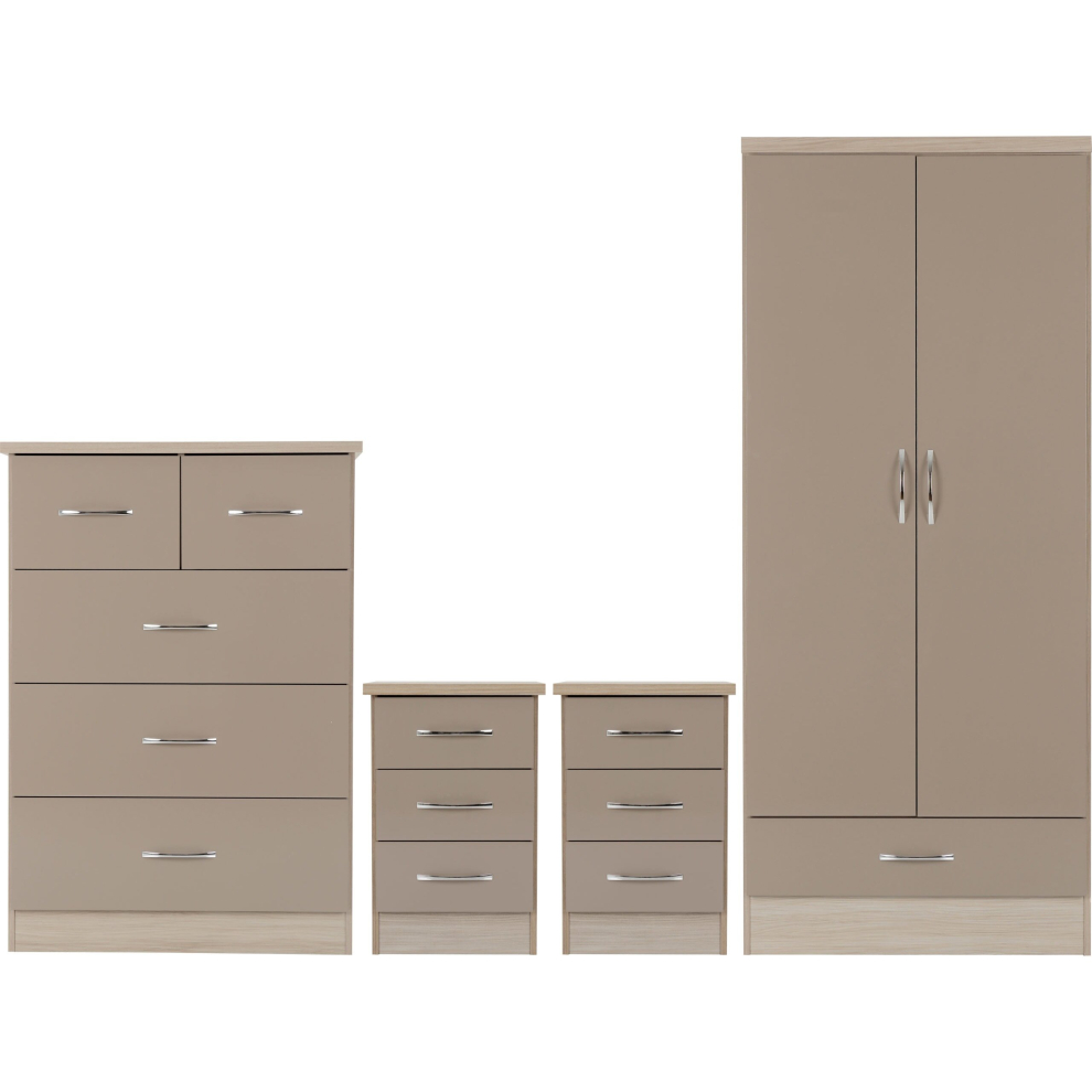 Nevada 2 Door 1 Drawer Wardrobe Bedroom Set Oyster Gloss Robe Chest Bedside x2