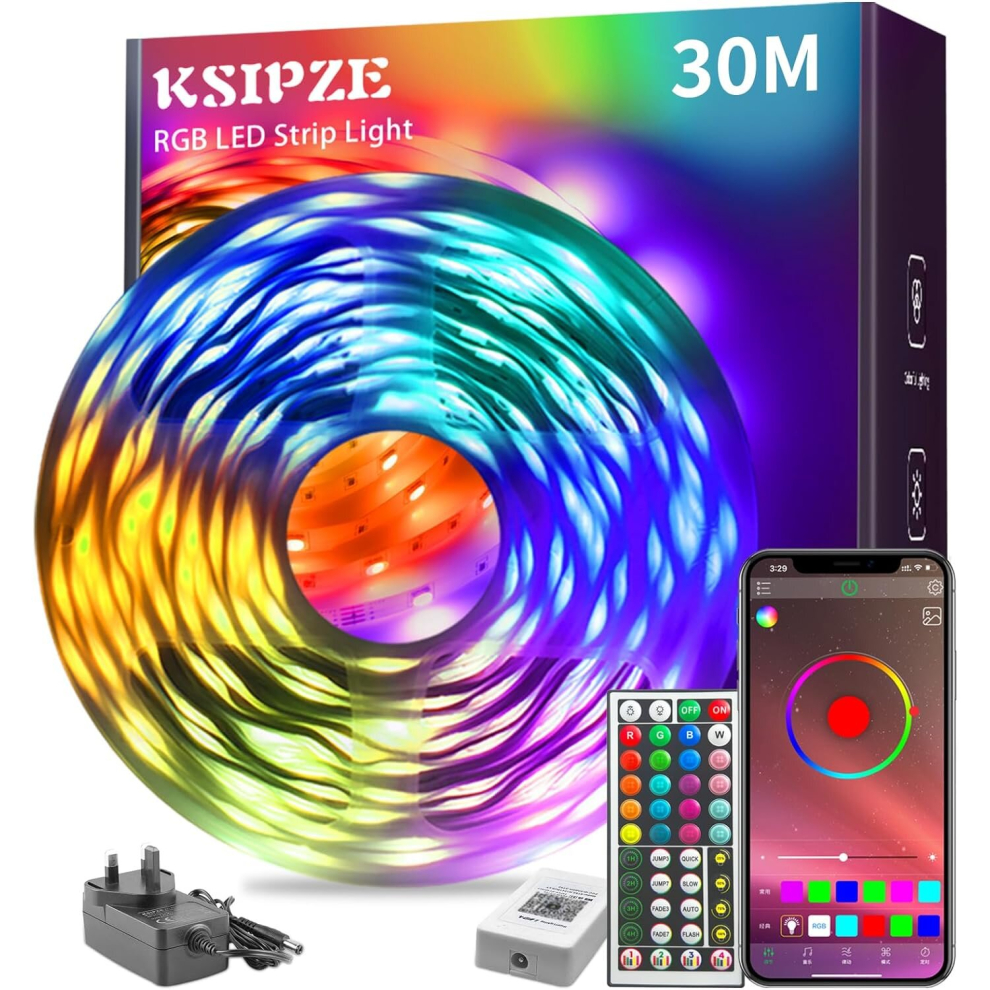 KSIPZE 30m Led Strip Lights RGB Music Sync Color Changing Bluetooth Led Light Smart App Control Led Lights for Bedroom Room Lighting Home Decoration