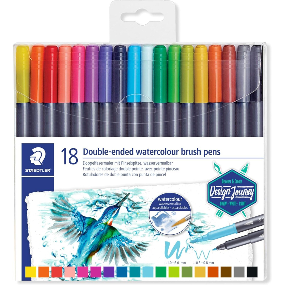 STAEDTLER 3001 TB18 Double Ended Watercolour Brush Pens, Assorted Colour, Pack of 18