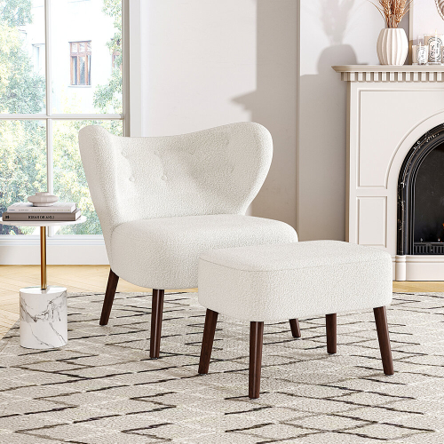 Living And Home Teddy Bear Fur Tufted Accent Chair with Footstool