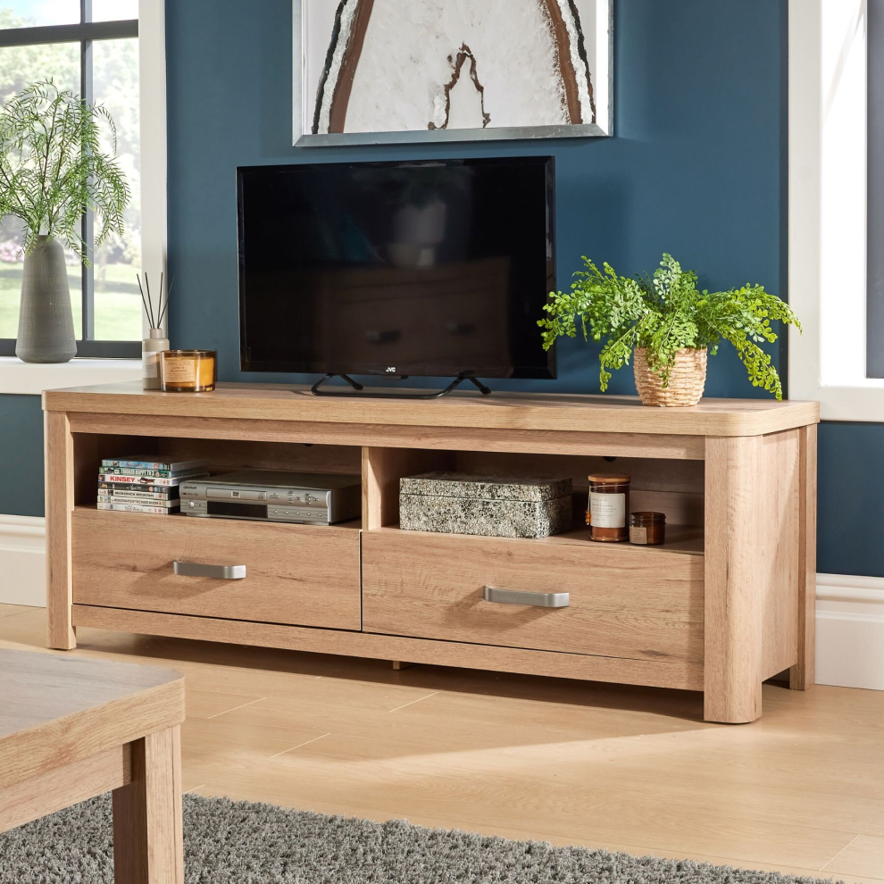 (160cm) Home Source Huntingdon 2 Drawer TV Stand Unit Oak Effect-image-OPC-PCKKYZP-NEW