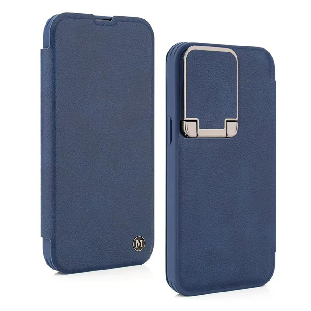Leather Flip Case with Stand and Camera Protection Compatible With iPhone 15 Pro in Blue-image-OPC-PCQ2W7J-NEW