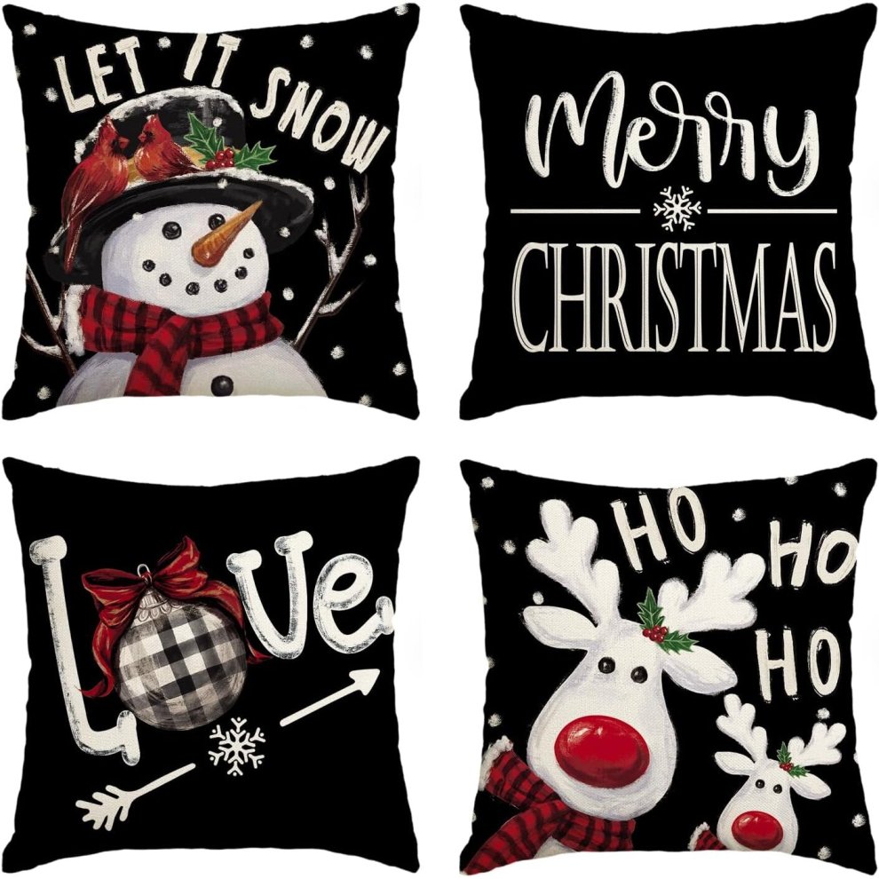 Merry Christmas Let It Snow Love Snowman Black Throw Pillow Covers, 18 x 18 Inch Xmas Tree Holiday Cushion Case Decoration for Sofa Couch Set of 4