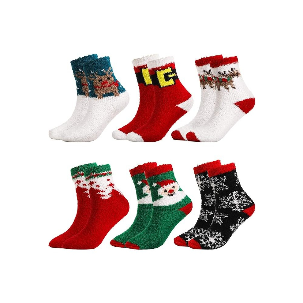 6 Pairs Christmas Fluffy Socks, Winter Warm Soft Fuzzy Slipper Socks Bed Socks with 3D Xmas Pattern for Holiday