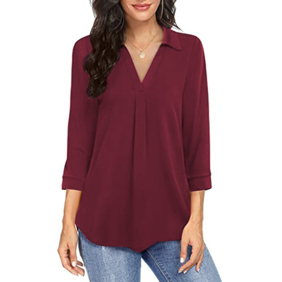 (Wine Red, XL) Womens 3/4 Sleeve Pullover Tunic Top Solid Color Lapel V-Neck Pleated Casual Loose Chiffon Blouse Business Work Shirts