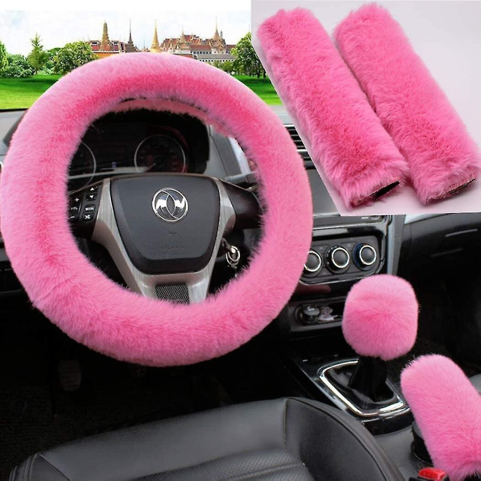 5Pcs In 1 Set Faux Wool Steering Wheel Cover Soft Fluffy Handbrake Cover 9443636068104