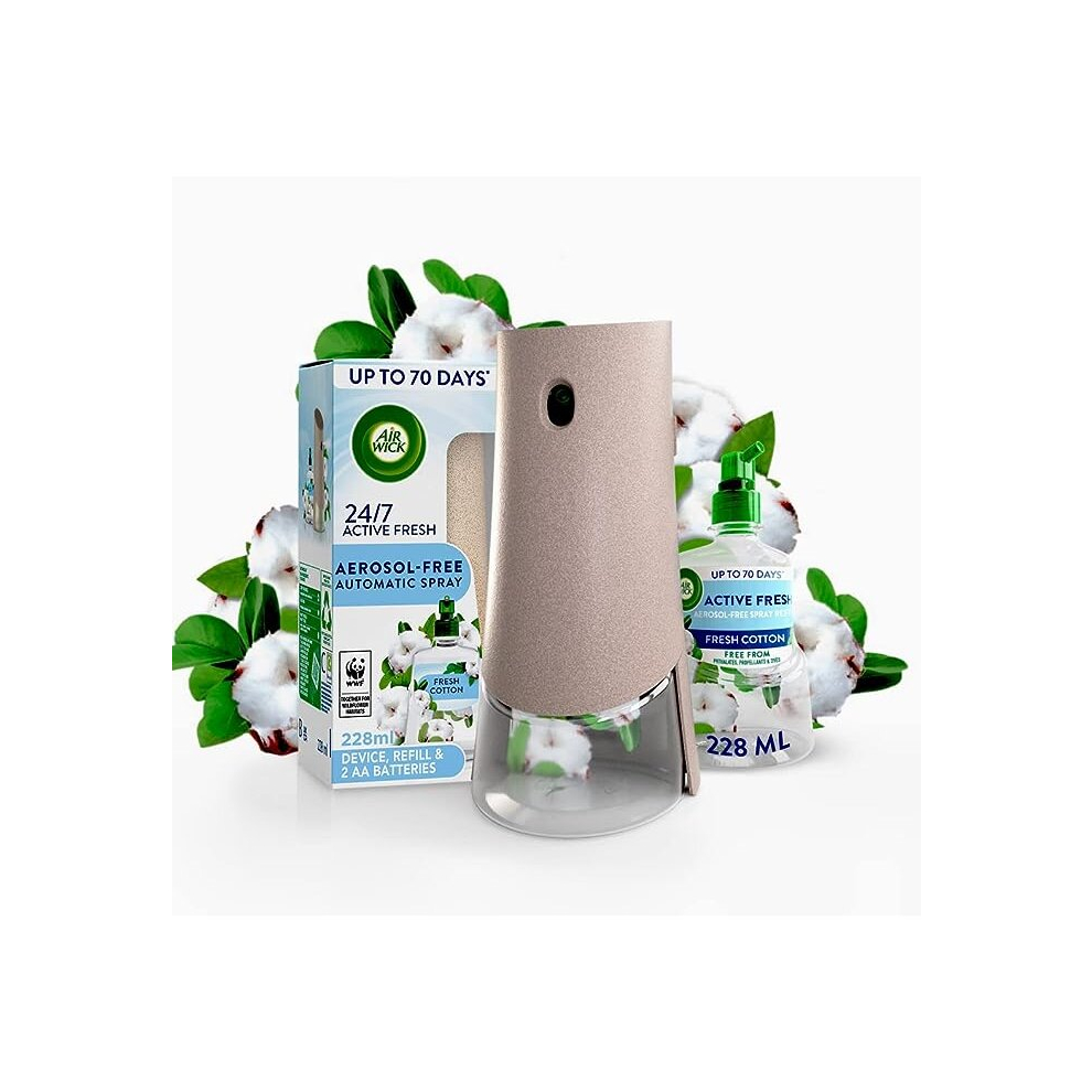 Air Wick Aerosol-Free Automatic Air Freshener Spray Kit Fresh Cotton 1 Gadget 1 Refill 2 Aa Batteries 24X7 Active Fresh Odour Packaging May Vary