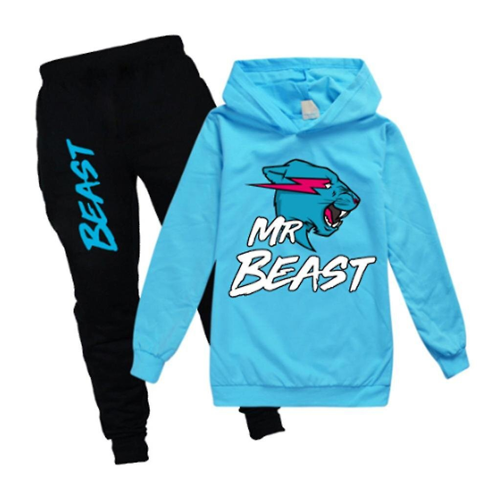(Light Blue, 9-10 Years) Otwoo Otwoo Kids Boys Girls Mr Beast Lightning Cat Print Outfits Casual Hoodies Tops Jogger Pants Tracksuit Set 7-14 Years
