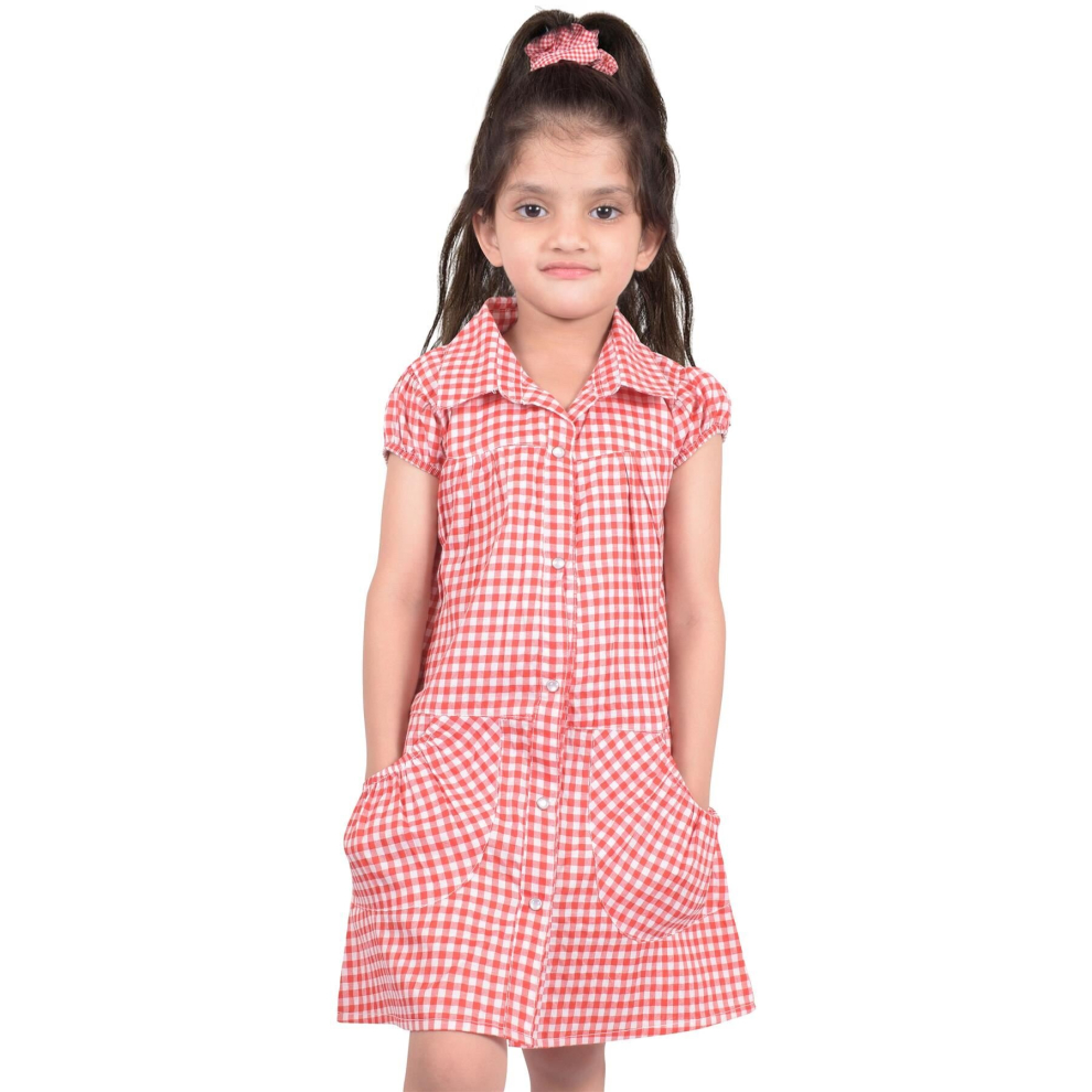 (6-7 Years, Red) Girls School Uniform Gingham Check Print Dress