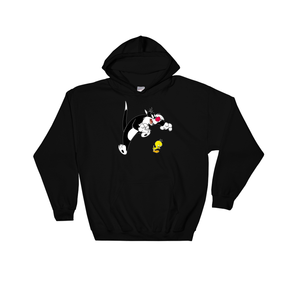 (XX-Large, Black) Sylvester And Tweety Figure Black Men Women Unisex Hooded Sweatshirt Hoodie 