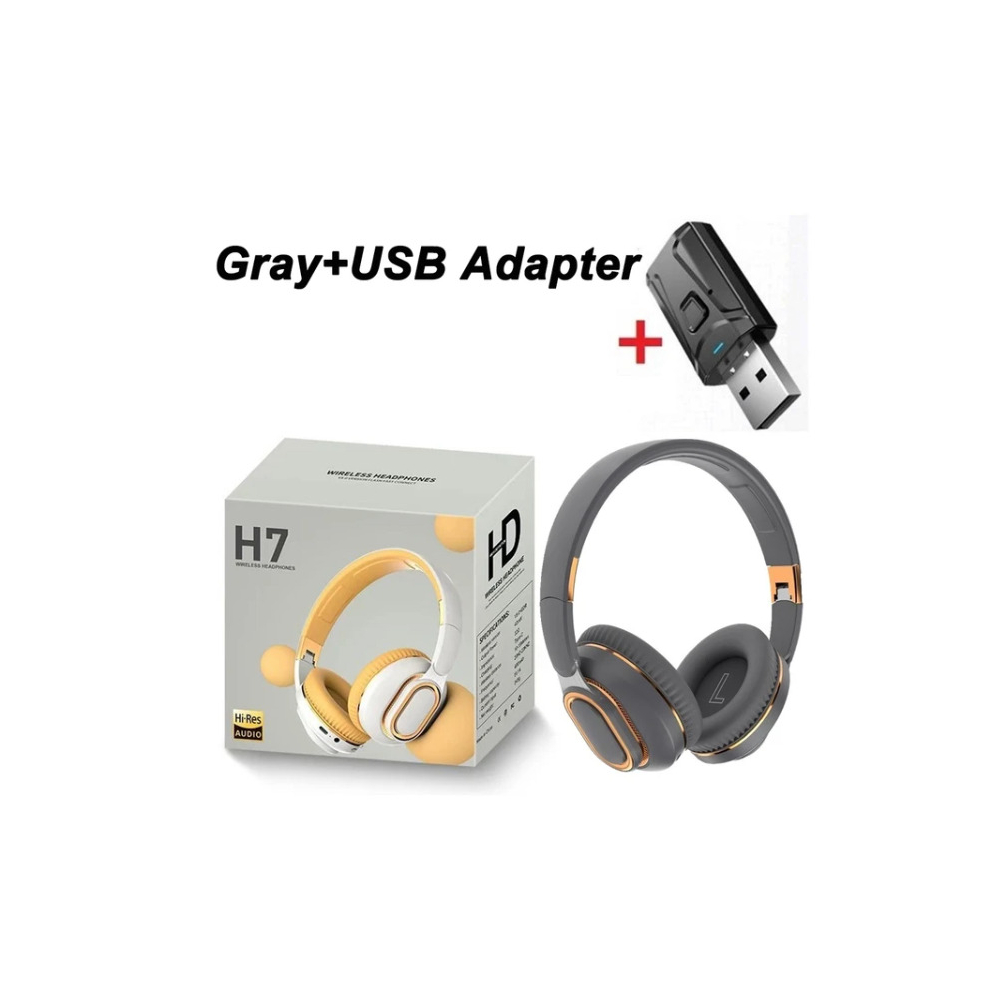 (Gray With Adapter) H7 Tv Bluetooth Headphones Wireless Headphon with Mic USB Adaptor Headset Noise Cancelling Stereo Foldable Bass for TV E