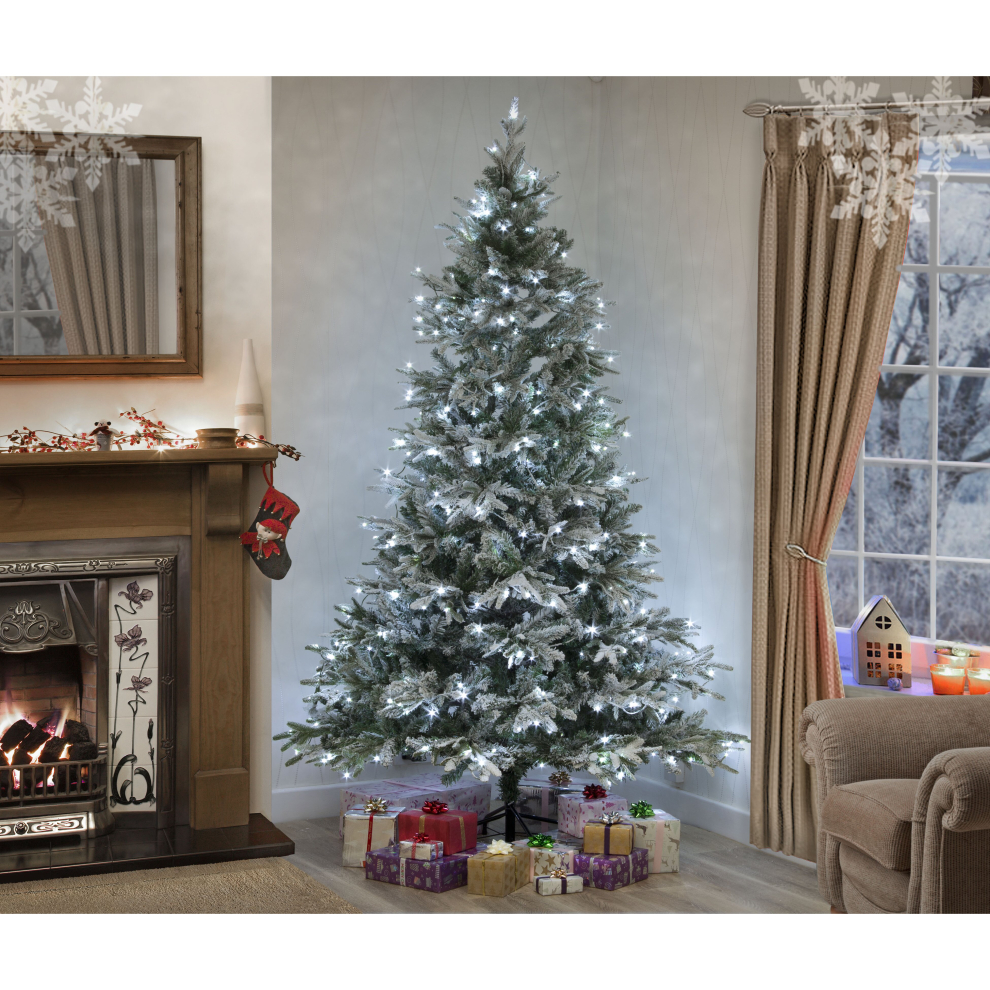 Garden Store Direct (240Cm (8Ft) Pre Lit Lapland Fir - Ice White) Snow Covered Christmas Tree Luxury Lapland Fir - Pre Lit Green
