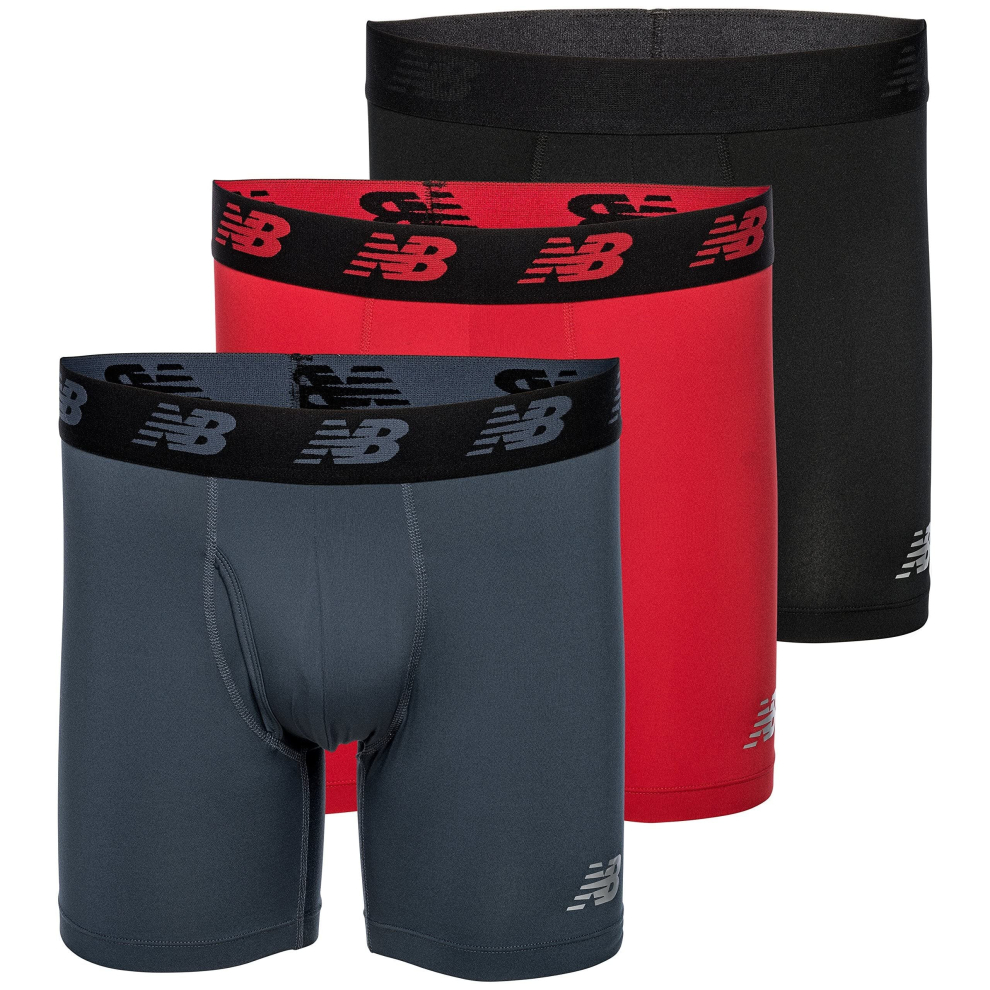 New Balance Mens 6 Boxer Brief Fly Front with Pouch, 3-Pack,BlackTeam RedThunder, X-Large (40-42)