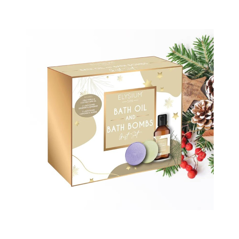 Elysium Spa Bath Oil And Bath Bomb Gift Set Vanilla Coconut Chamomile Jasmin Scent