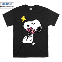 (X-Small, Black) Flowers With Snoopy And Woodstock Black Women T Shirt T-Shirt Tshirt Top