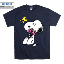 (Large, Navy) Flowers With Snoopy And Woodstock Black Women T Shirt T-Shirt Tshirt Top