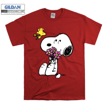 (X-Large, Red) Flowers With Snoopy And Woodstock Black Women T Shirt T-Shirt Tshirt Top