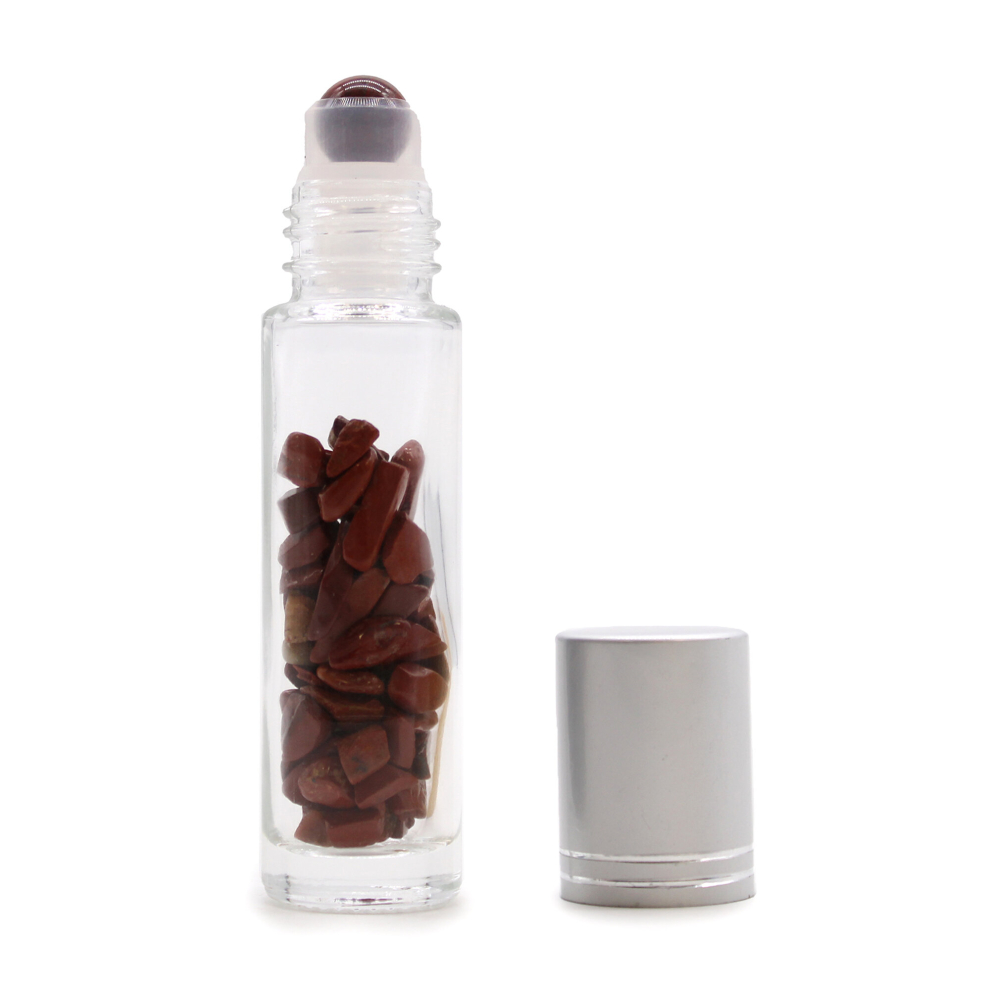 Adorable Lifestyle Gemstones And Esoteric Gifts - Gemstone Essential Oil Roller Bottle - Red Jasper - Silver Cap