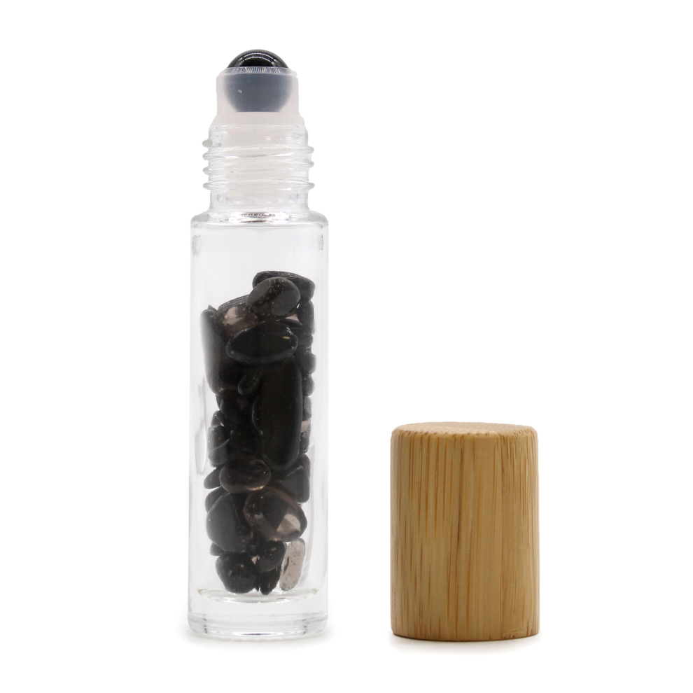 Adorable Lifestyle Gemstones And Esoteric Gifts - Gemstone Essential Oil Roller Bottle - Black Tourmaline - Wooden Cap