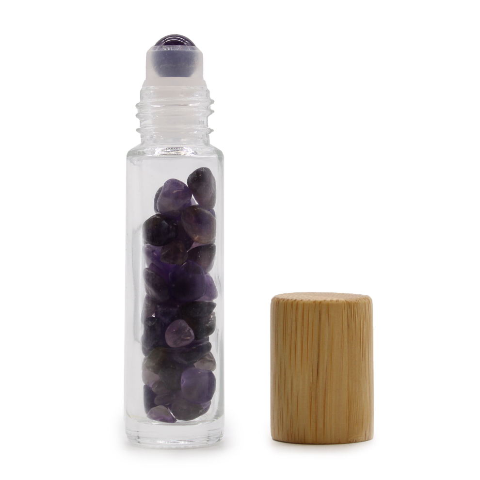 Adorable Lifestyle Gemstones And Esoteric Gifts - Gemstone Essential Oil Roller Bottle - Amethyst - Wooden Cap