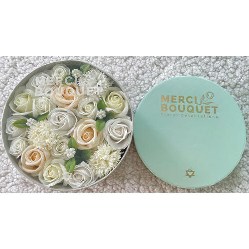 Soap Flower Gift Boxes  -  Round Box - Wedding Blessings - White & Ivory 2