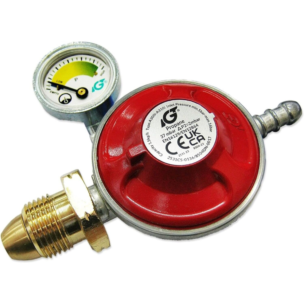IGT 37Mbar Propane Regulator with Pressure Gauge - Screw-In, Compatible with Calor & Flogas Cylinders for BBQs, Patio Heaters & Camp Stoves