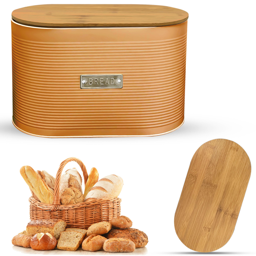 Oval Bread Bin with Bamboo Lid Kitchen Storage Loaf Container - Copper