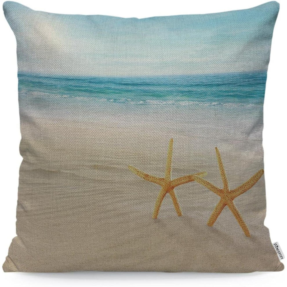 Beach Starfish Cushion Cover Seas Oceans Blue Sky Seashells Sand Pillowcases for Men Women, Pillow Cover Living Room Farmhouse 45X45 Cm-image-OPC-PCQM8MJ-NEW