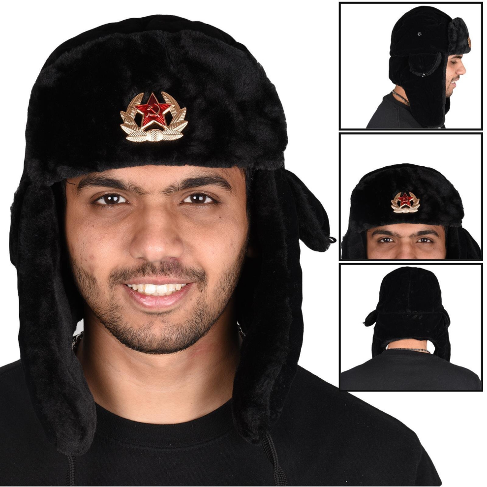 True Face Unisex Russian Hat Trapper Winter Soviet Badge Ushanka Ear Flap Hat Black