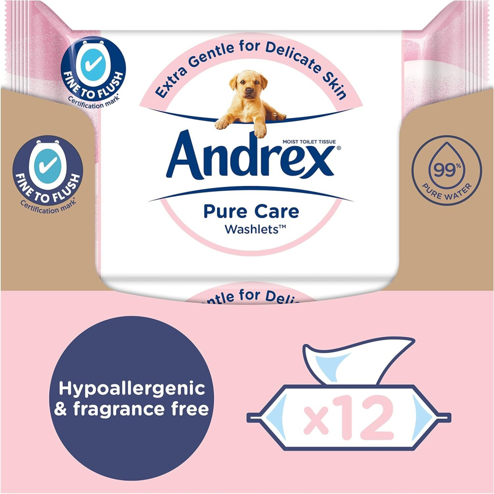 Andrex Pure Care Washlets Flushable Toilet Wipes Extra Gentle for Delicate Skin Fragrance Free  Hypoallergenic Biodegradable and Plastic Free 12 Packs