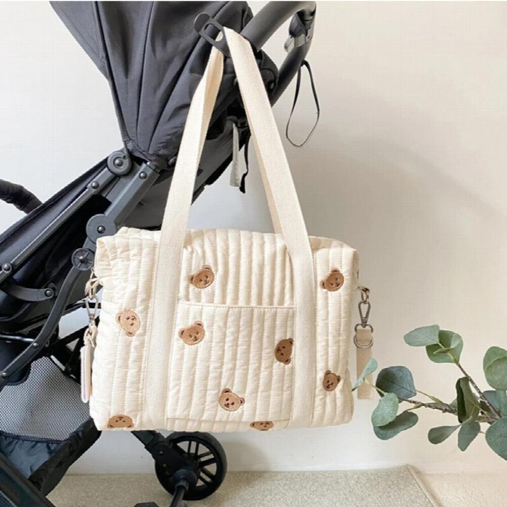 Quilted Mommy Bag Embroidered Bear Olive Baby Diaper Organizer Storage Bag for Stroller Maternity Mother Shoulder Messenger Bag