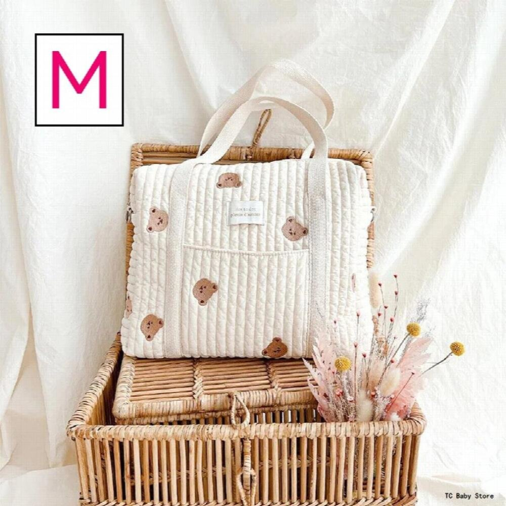 Baby Zipper Diaper Handbag With Pocket Cotton Bags Bear Flower Embroidery Pattern Luggage Bag