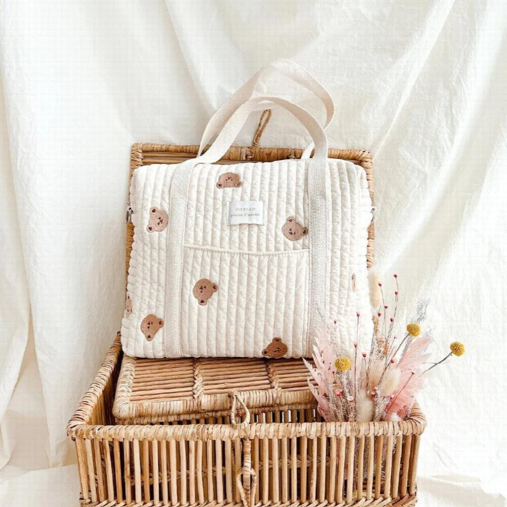 Zipper Bear Embroidered Cotton-dyed Mummy Bag Newborn Baby Girl Stroller High Capacity Hanging Bags Diaper Bags
