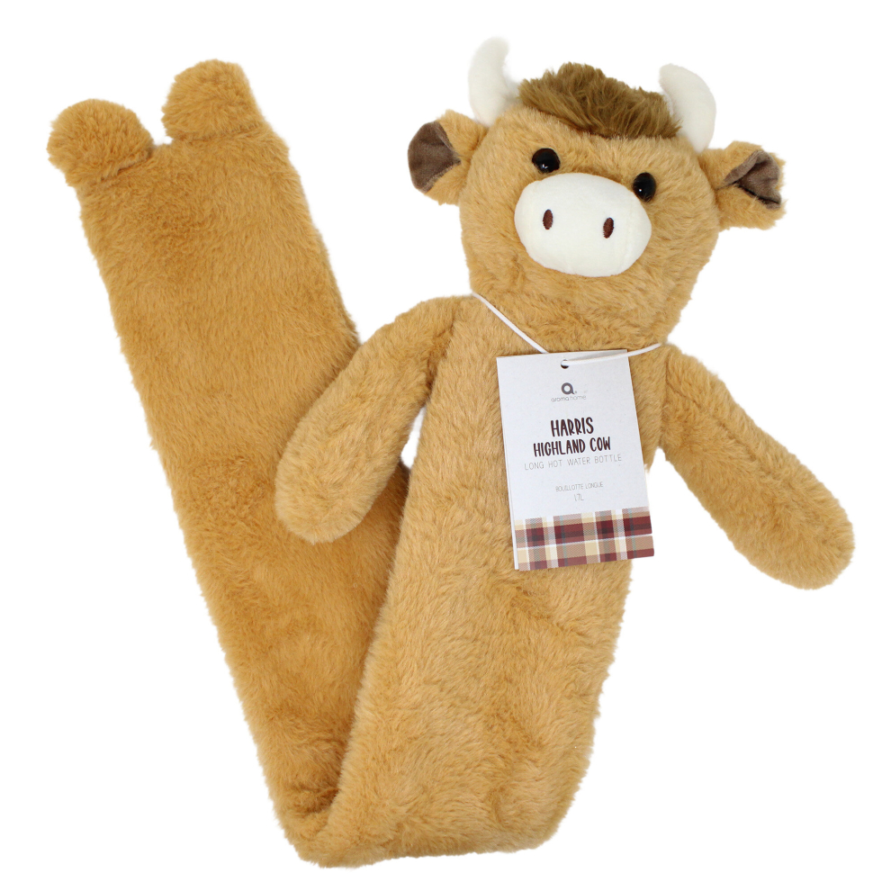 Long Hot Water Bottle Childrens Fluffy Cover 1 Litre Warm Highland Cow