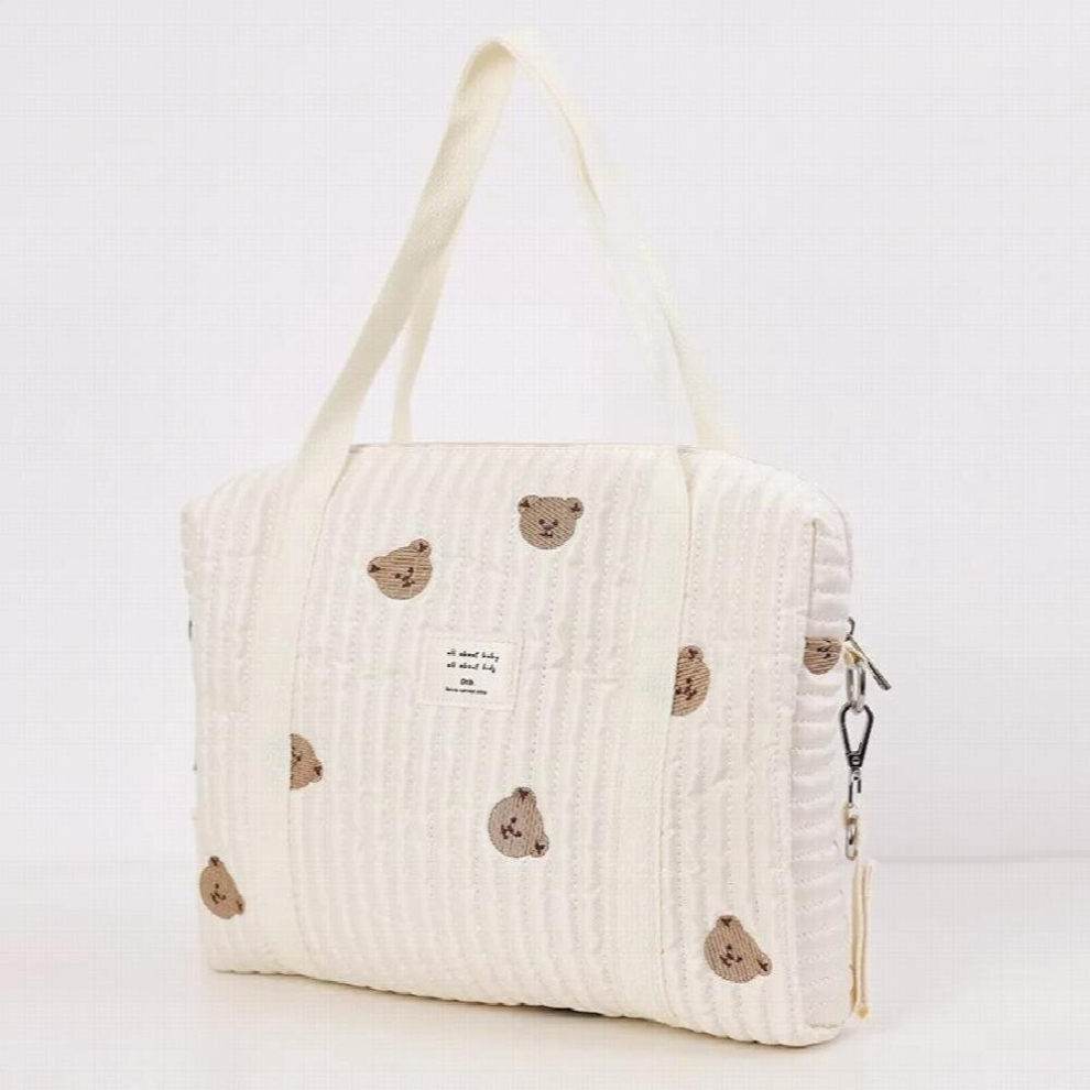 Cartoon Bear Flower Embroidery Pattern Baby Beige Cotton Fabric Zipper Diaper Handbag Mommy Luggage Bag