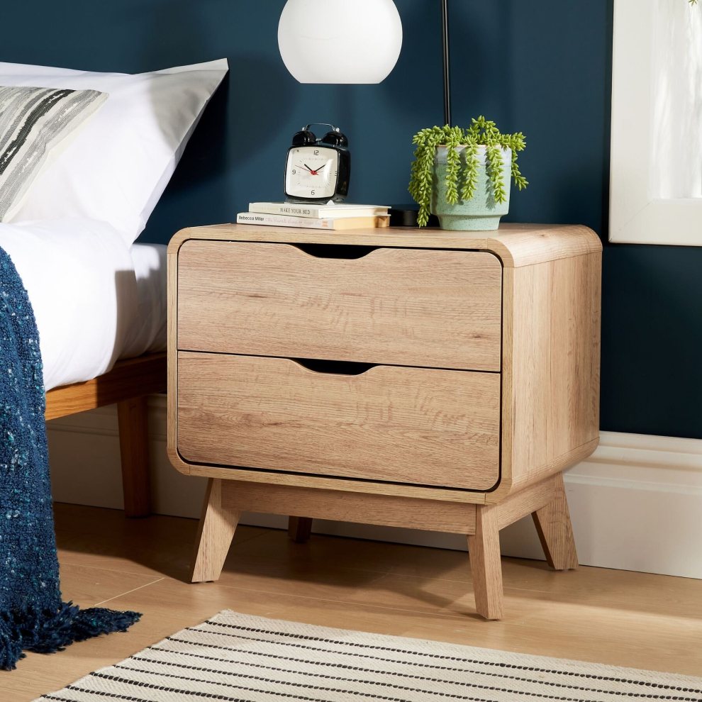 (Oak) Home Source Nordica 2 Drawer Bedside Table Storage Unit