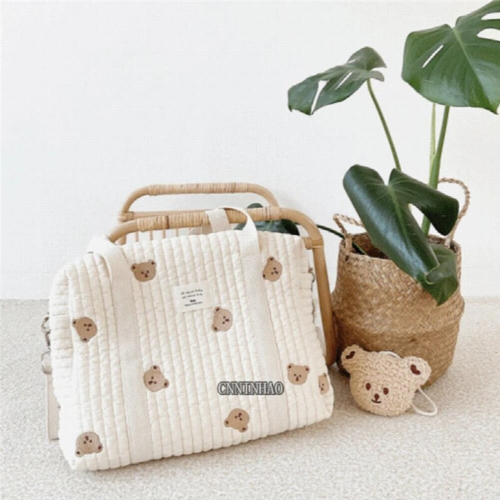 Mummy Bag Luggage Bag Bear Flower Olives Embroidery Pattern Beige Diaper Bags Cotton Fabric Zipper Baby Diaper Handbag