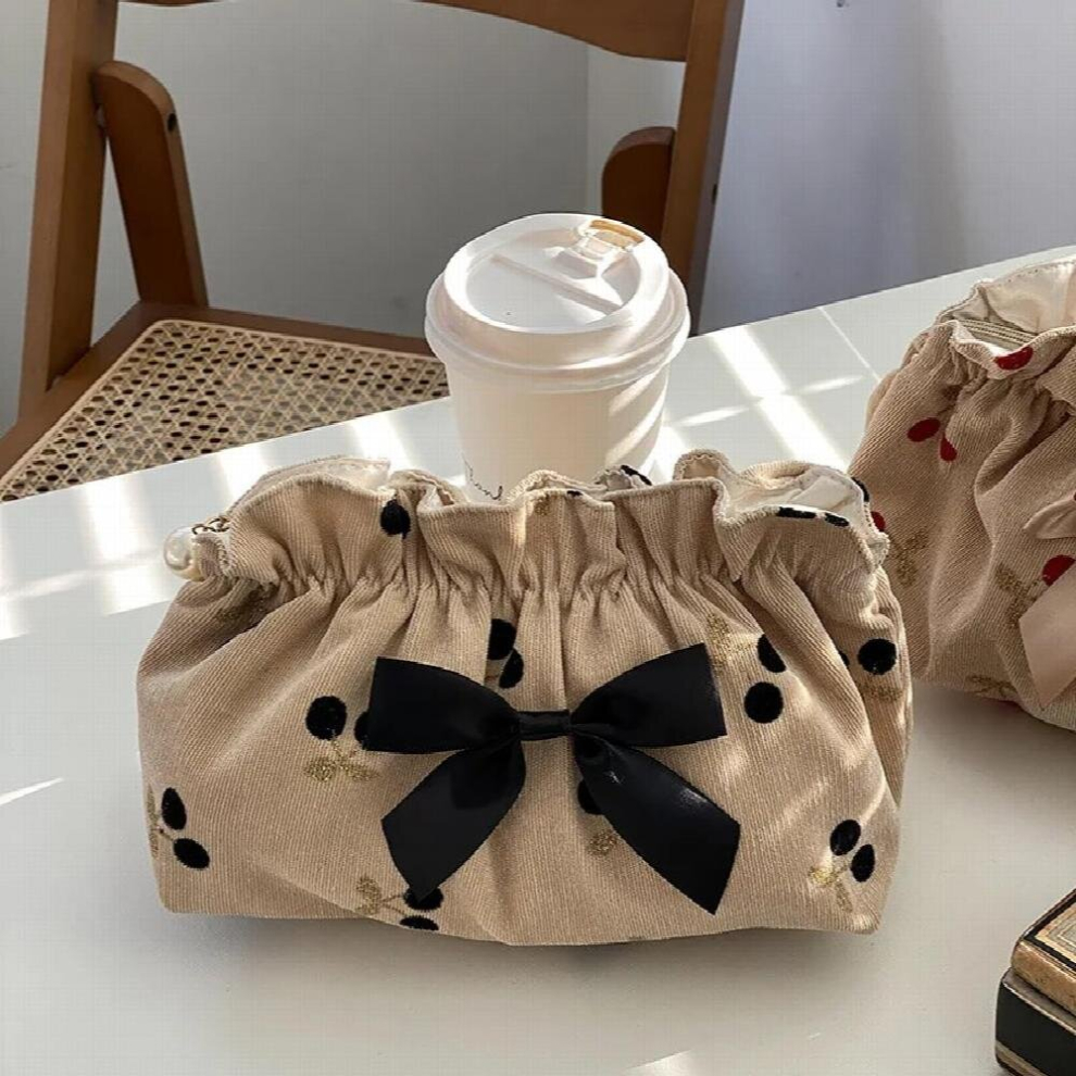 Mommy Bag Soft Corduroy Cherry Pattern Printing with Bowknot Large Capacity Travel Portable Storage Backpack Baby Diaper Bag